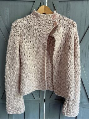 French Connection Blush Chunky Knit Wool Asymmetrical High-Neck Cardigan Jacket